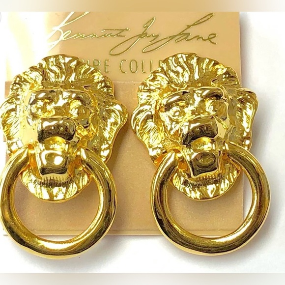 Vintage Kenneth Jay Lane KJL Lion Head Door Knocker Gold Plated Earrings Clip On - Picture 1 of 4
